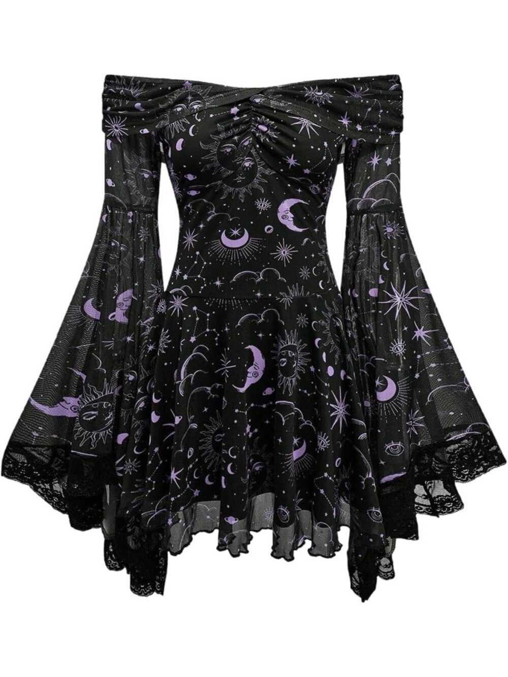 Women's Purple Long Bell Sleeve Gothic Print Off The Shoulder Short Dress